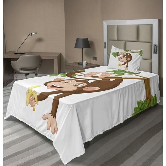 Ambesonne Cartoon Fitted & Top Sheet Set with Sham, Monkey with Banana Tree, Chocolate White