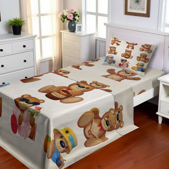 Ambesonne Cartoon Fitted & Top Sheet Set with Sham, Teddy Bear Design, Chocolate Cream