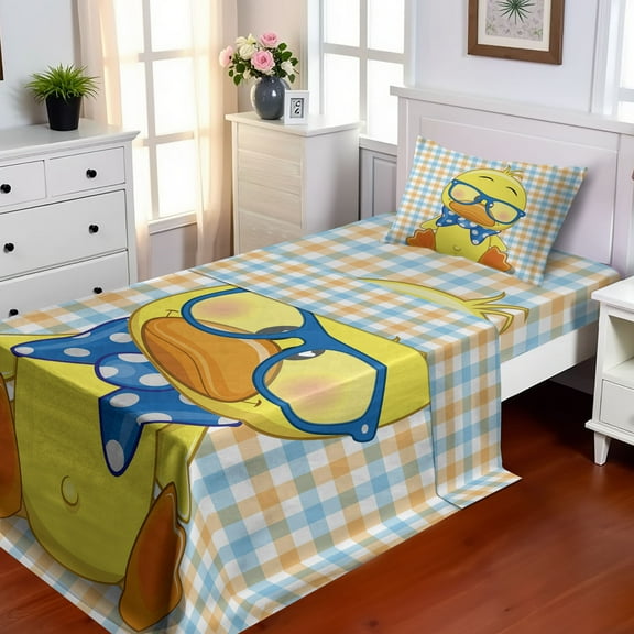 Ambesonne Cartoon Fitted & Top Sheet Set with Sham, Hipster Boho Cool Duck, Orange Yellow Blue