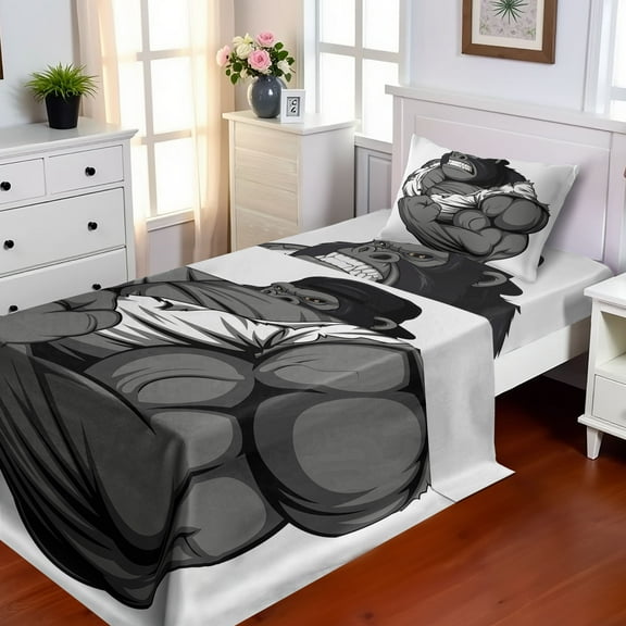 Ambesonne Cartoon Fitted & Top Sheet Set with Sham, Animal Athlete Gorilla, Black White Grey