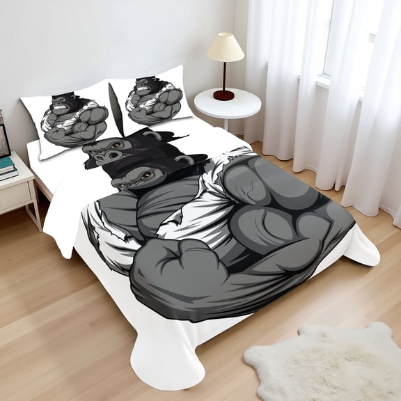Ambesonne Cartoon Fitted & Top Sheet Set with Shams, Animal Athlete Gorilla, Black White Grey