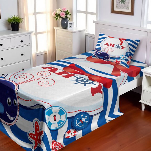 Cartoon Sheet Set, Marine Themed Ahoy Lettering Desgn with Whale, Fitted and Flat Sheet with Pillowcase Bedding Accent 3 Piece Set, Twin, Cobalt Blue Vermilion, by Ambesonne