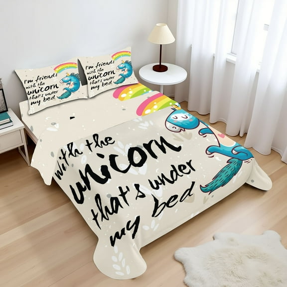 Ambesonne Unicorn Fitted & Top Sheet Set with Shams, Dreamer Pony, Cream Blue Black