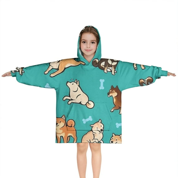 Cartoon Shiba Inu Dog Blanket Hoodies for Kids 6-13YR Oversize Wearable Blanket Hoodies for Boys Girls Teens