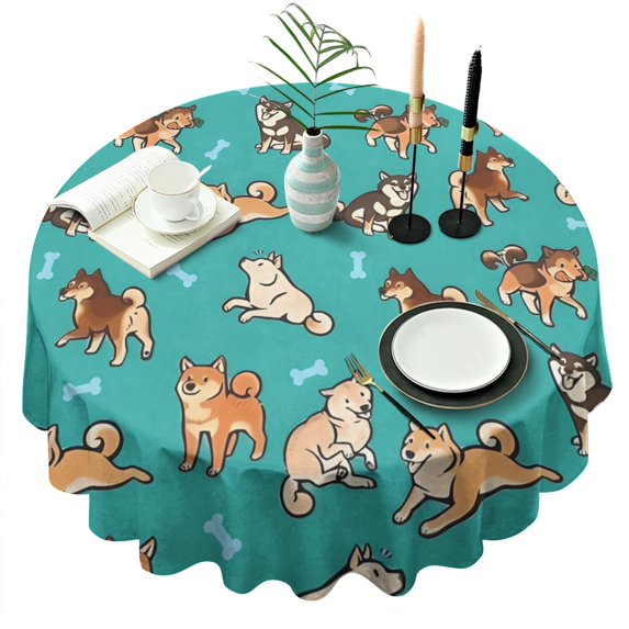 Cartoon Shiba Inu Dog Round Tablecloth 60"x60",Wrinkle Wipeable Table Cloth for Kitchen Dining Room Picnic Patio Party