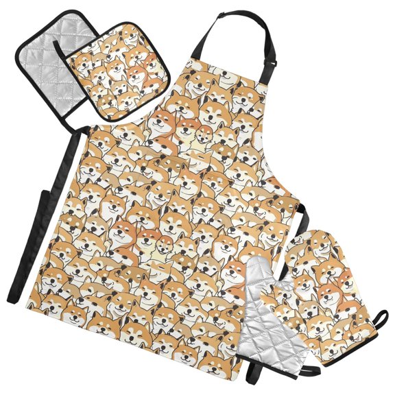 Cartoon Shiba Inu Dogs 5 Pcs Kitchen Set Heat Resistant Oven Mitts and Non-Slip Pot Holders with Adjustable Cooking Apron