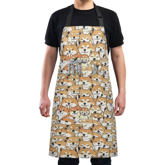 Cartoon Shiba Inu Dogs Kitchen Apron with 2 Pockets Adjustable waterproof Cooking Aprons for Women Men Chef