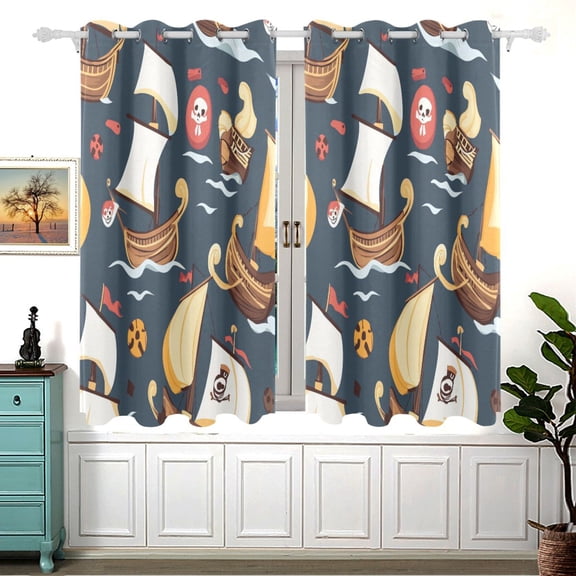 Cartoon Ship Blackout Curtains for Living Room Bedroom 55W x 54L Insulated Window Drapes 2 Panels