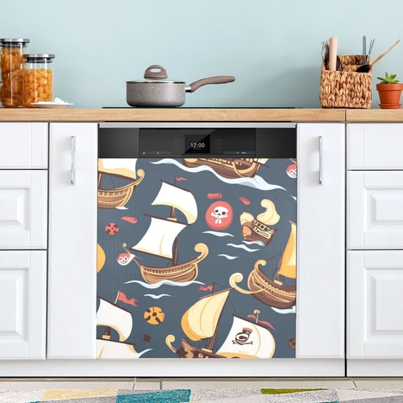 Cartoon Ship Dishwasher Magnet Cover for Washers Fridge Panel Decal 23"W x 26"H Inch