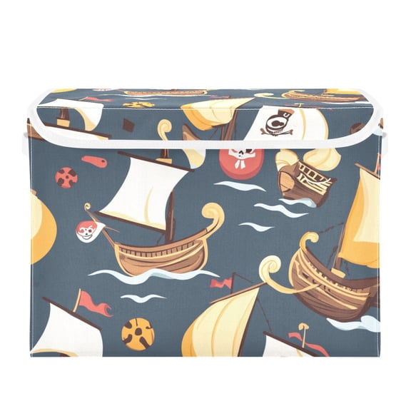 Cartoon Ship Large Storage Bins with Linen Collapsible Lid Storage Box 16.7 x 12.6 x 11.8in