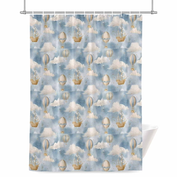 Cartoon Shower Curtain, 72" x 72", Watercolor Blue Sky Fantasy Hot Air Balloon Cute Cloud Waterproof Bathroom Curtain Washable Shower Curtain Set with 12 Hooks