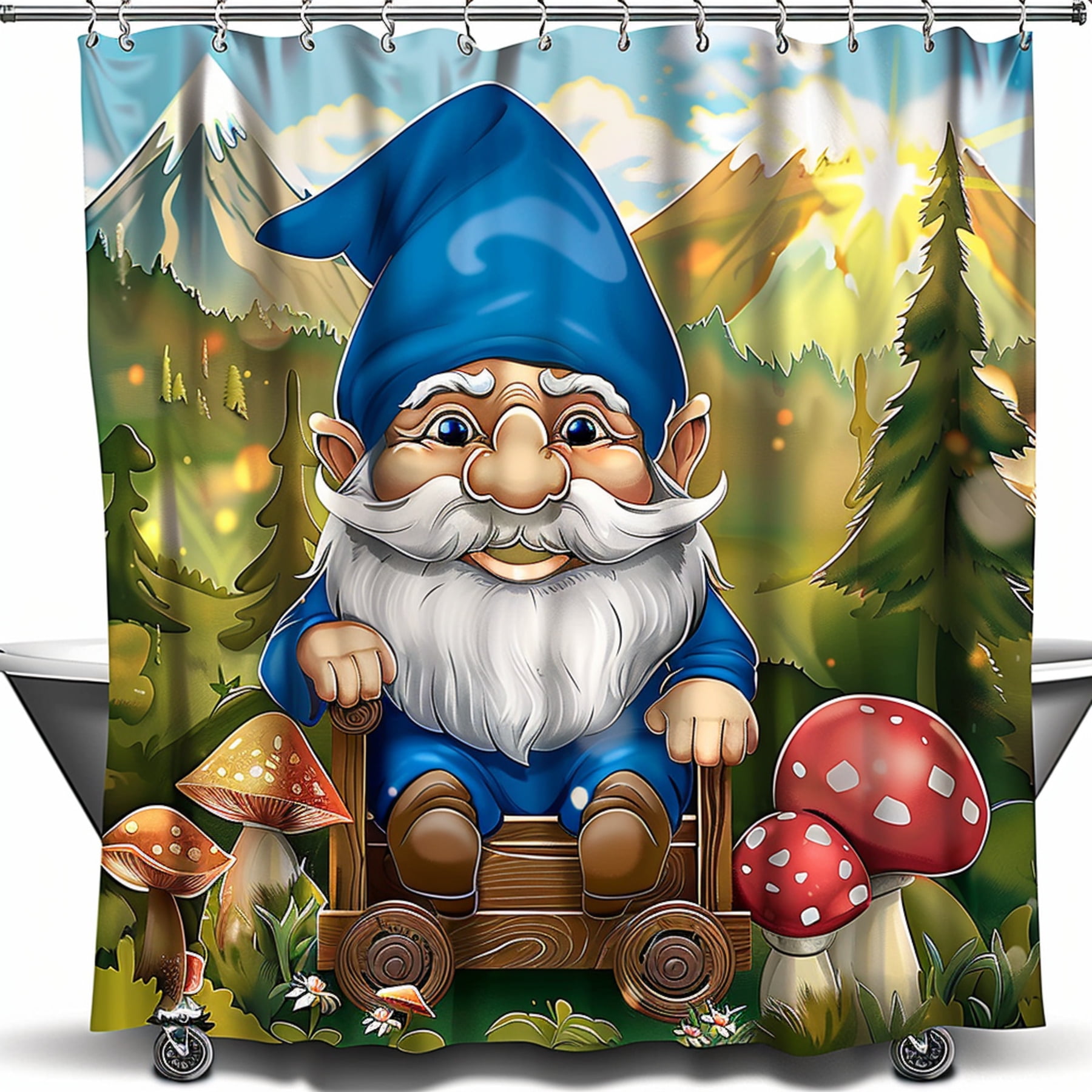 Cartoon Shower Curtain Blue Hat White Beard Mushrooms Mountains Sun