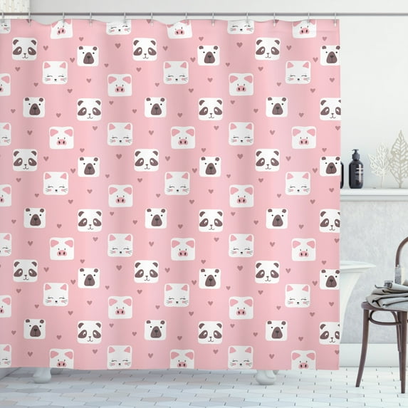 Cartoon Shower Curtain, Cat and Bear Faces with Mini Hearts, Fabric Bathroom Set with Hooks, 69W X 70L Inches, Pale Pink Umber, by Ambesonne
