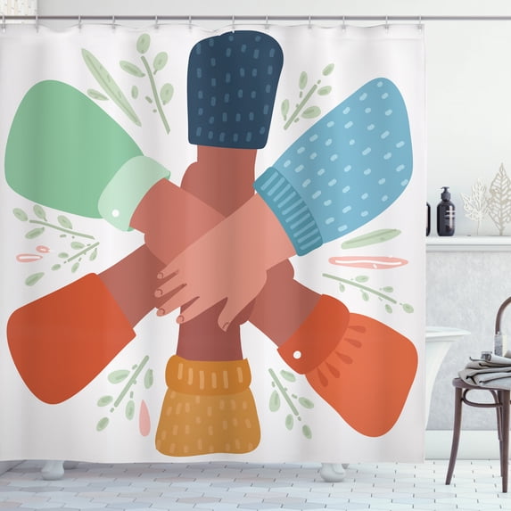 Cartoon Shower Curtain, Concept of a Teamwork Representation with Hands in Unity Diversity Strength, Fabric Bathroom Set with Hooks, 69W X 70L Inches, Multicolor, by Ambesonne