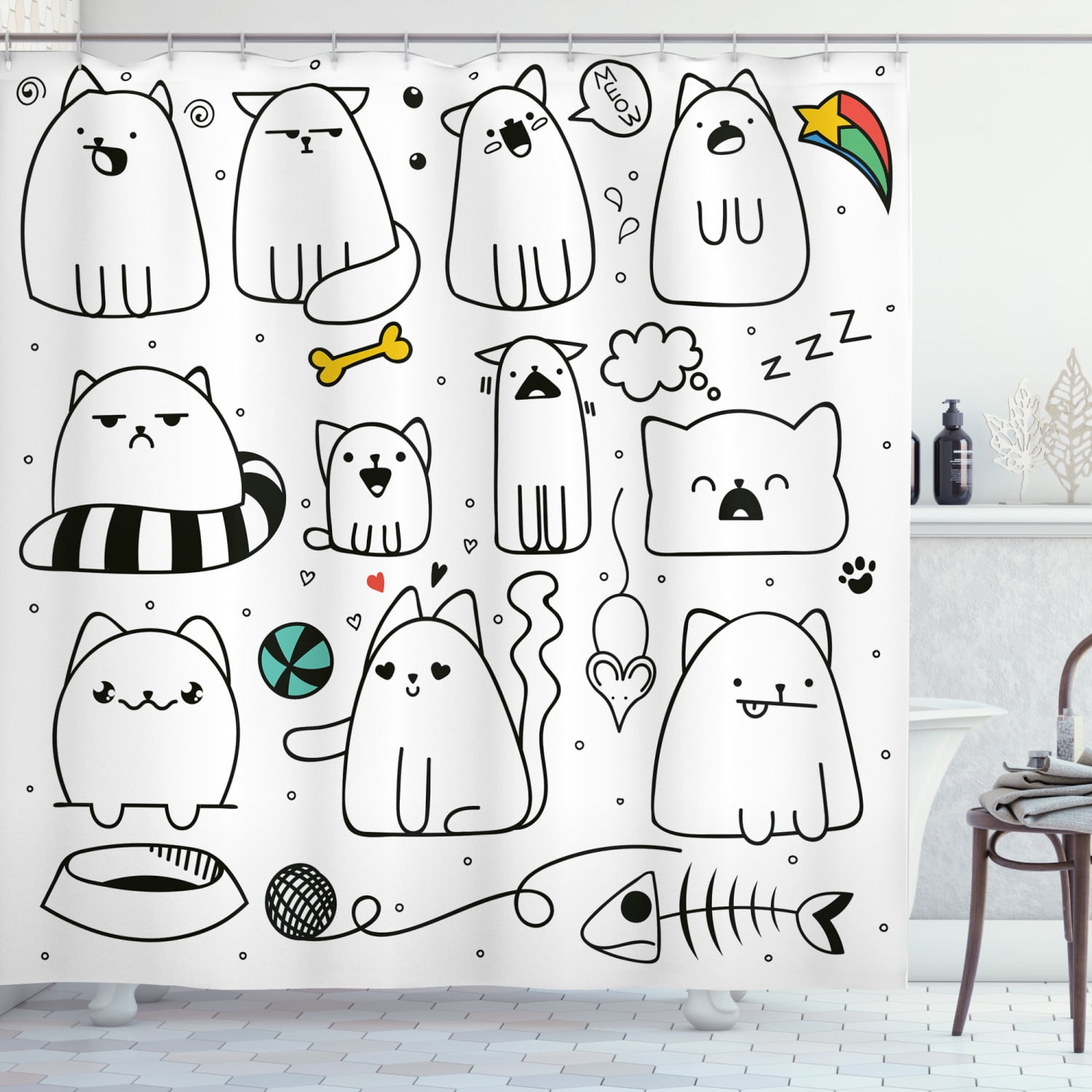 Cartoon Shower Curtain, Hand Drawn Sketchy Funny Cats with Toys and