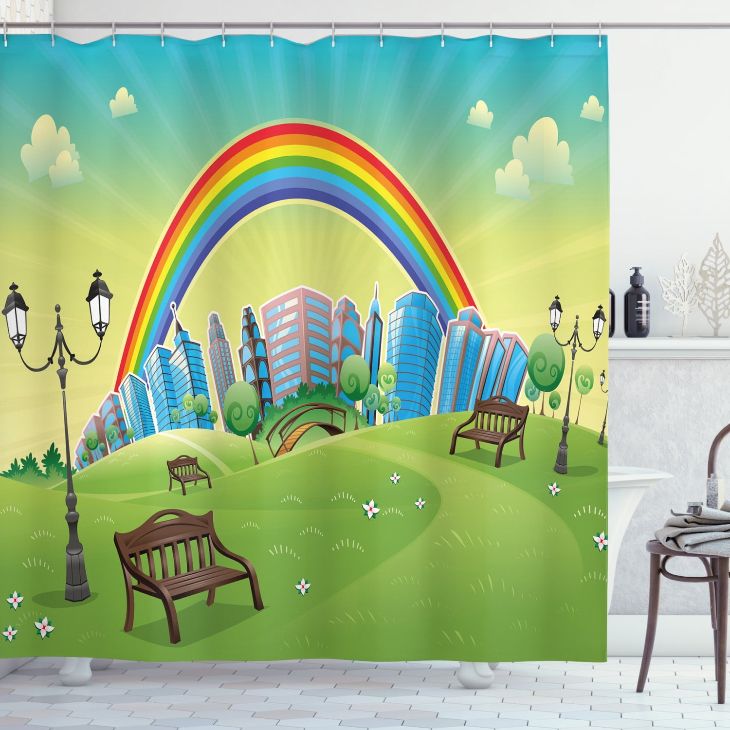 Cartoon Shower Curtain, Kids Nursery Decor Park Bench Hills Apartments Rainbow Beams Flowers Art