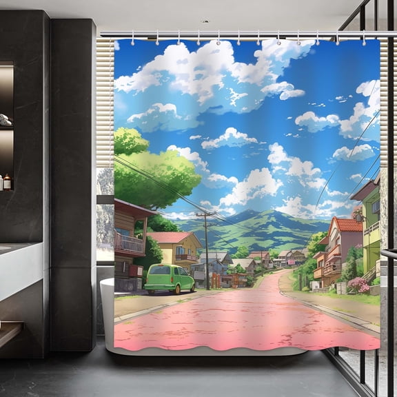 Cartoon Shower Curtain Summer Scenery Small Town Sunny Sky Shower Curtain Watercolor Painting Graffiti Town Buildings Road Comic Art Bright Colors Road Bath Decor Set with 12 Hooks 72x72 inches