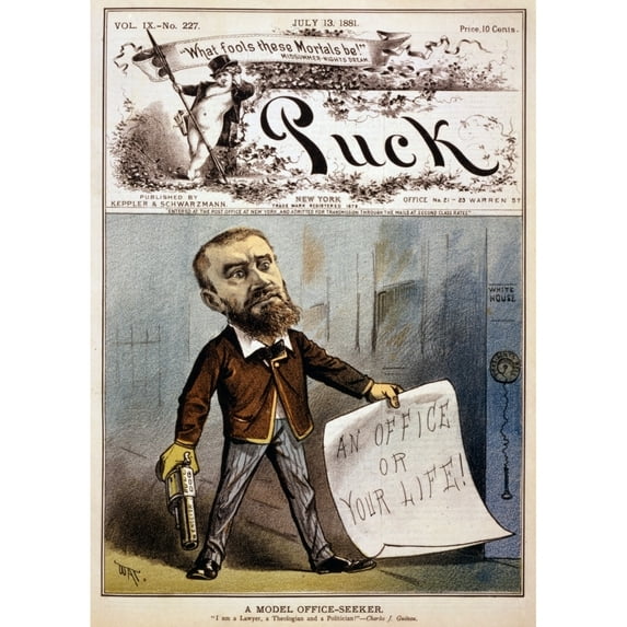 Cartoon Showing Presidential Assassin Charles J. Guiteau Holding Pistol And Paper Reading History