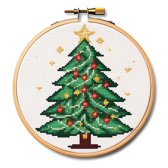 Cartoon Simple Christmas Tree DIY 11CT Stamped Cross Stitch Kits Easy for Beginners Children with Hoop Needlepoint Counted Embroidery Kits Art Craft Wall Decoration 12x12inch(4)