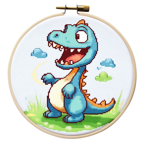 Cartoon Simple Dinosaur DIY 11CT Stamped Cross Stitch Kits Easy for Beginners Children with Hoop Needlepoint Counted Embroidery Kits Art Craft Wall Decoration 14x14inch(2)