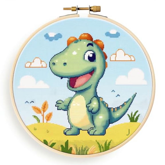 Cartoon Simple Dinosaur DIY 11CT Stamped Cross Stitch Kits Easy for Beginners Children with Hoop Needlepoint Counted Embroidery Kits Art Craft Wall Decoration 12x12inch(4)