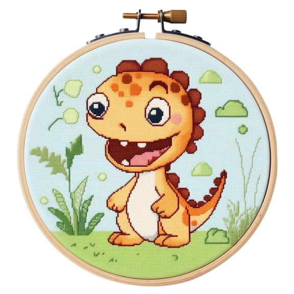 Cartoon Simple Dinosaur DIY 11CT Stamped Cross Stitch Kits Easy for Beginners Children with Hoop Needlepoint Counted Embroidery Kits Art Craft Wall Decoration 14x14inch(7)