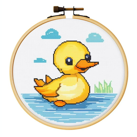 Cartoon Simple Duck DIY 11CT Stamped Cross Stitch Kits Easy for Beginners Children with Hoop Needlepoint Counted Embroidery Kits Art Craft Wall Decoration 12x12inch(1)