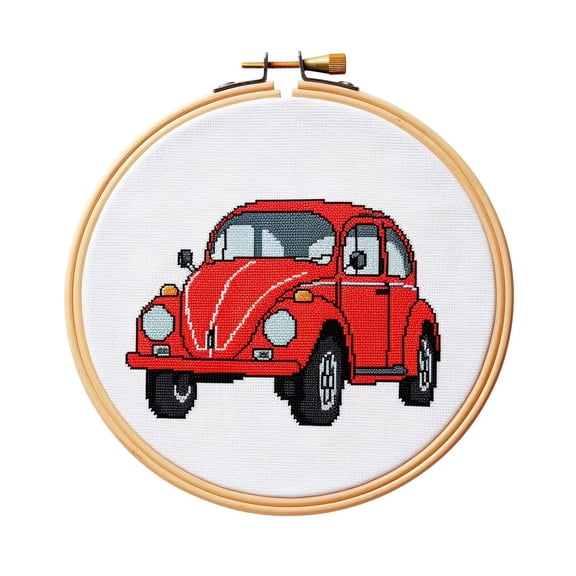 Cartoon Simple Figure of Red Car 11CT Stamped Cross Stitch Kits Easy for Beginners Child with Hoop Needlepoint Counted Embroidery Kits Art Craft Wall Decor 12x12IN(1)