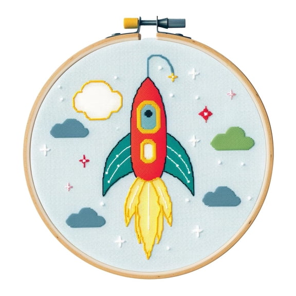 Cartoon Simple Figure Rocket 11CT Stamped Cross Stitch Kits with Hoop Easy for Beginners Child Needlepoint Counted Embroidery Kits Art Craft Wall Decor 12x12IN(3)