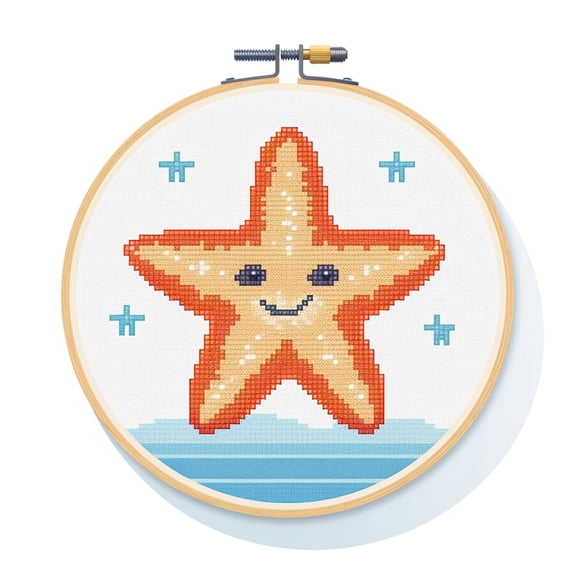Cartoon Simple Figure Starfish 11CT Stamped Cross Stitch Kits with Hoop Easy for Beginners Child Needlepoint Counted Embroidery Kits Art Craft Wall Decor 12x12IN(1)