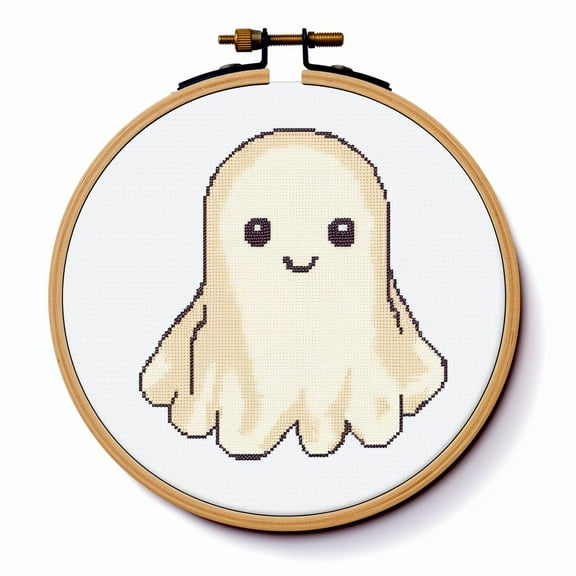 Cartoon Simple Ghost Halloween DIY 11CT Stamped Cross Stitch Kits Easy for Beginners Children with Hoop Needlepoint Counted Embroidery Kits Art Craft Wall Decoration 12x12inch(1)