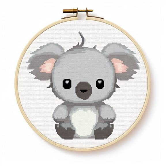 Cartoon Simple Grey Koala Bear DIY 11CT Stamped Cross Stitch Kits Easy for Beginners Children with Hoop Needlepoint Counted Embroidery Kits Art Craft Wall Decoration 12x12inch(1)