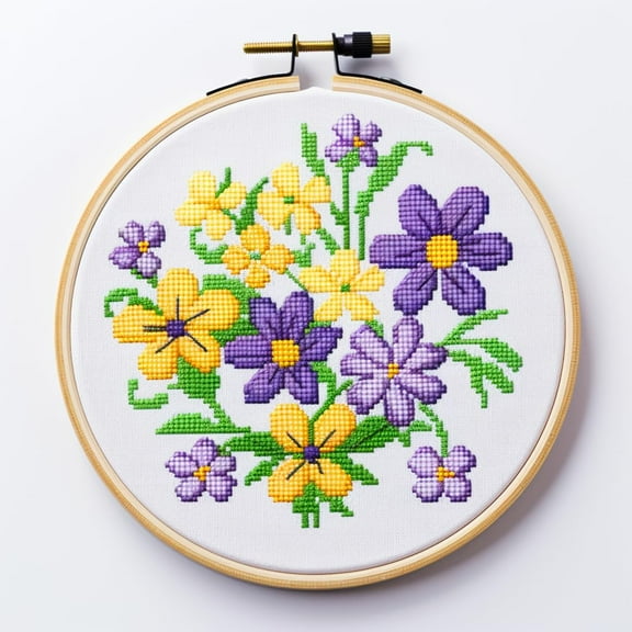 Cartoon Simple Little Yellow Purple Flower DIY 11CT Stamped Cross Stitch Kits Easy for Beginners Children with Hoop Needlepoint Counted Embroidery Kits Art Craft Wall Decor 12x12inch(4)