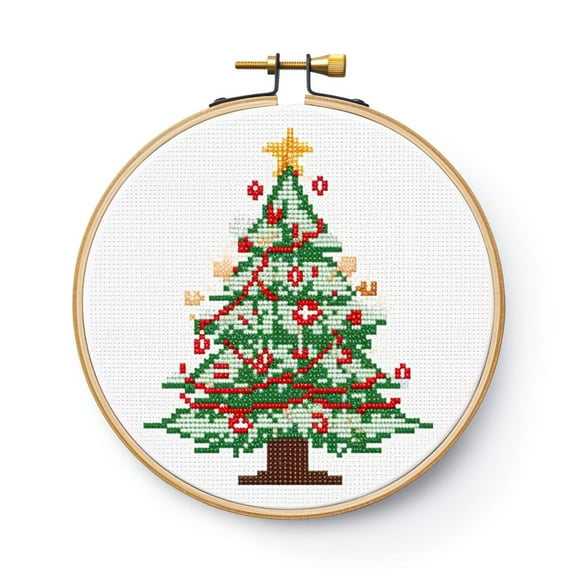 Cartoon Simple Merry Christmas Tree DIY Stamped Cross Stitch Kits Easy for Beginners Children with Hoop 11CT Needlepoint Counted Embroidery Kits Art Craft Wall Decoration 12x12inch(6)