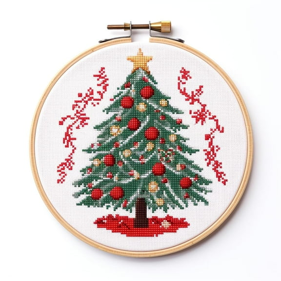 Cartoon Simple Merry Christmas Tree DIY Stamped Cross Stitch Kits Easy for Beginners Children with Hoop 11CT Needlepoint Counted Embroidery Kits Art Craft Wall Decoration 12x12inch(1)