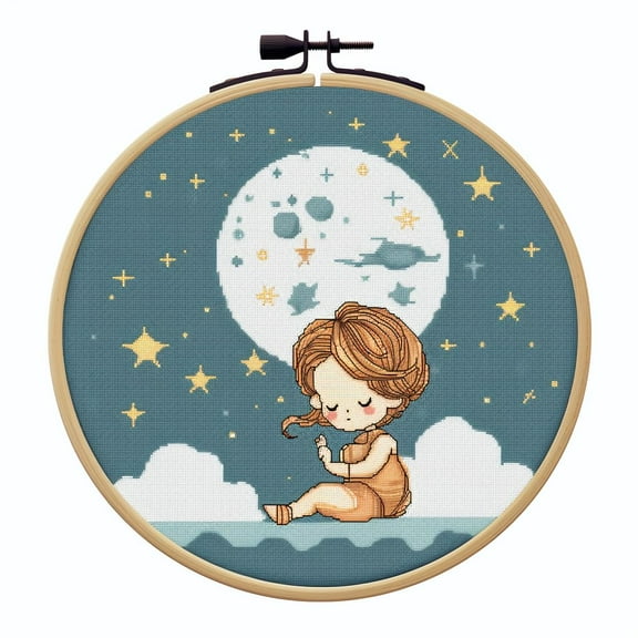 Cartoon Simple Moon Night 11CT Stamped Cross Stitch Kits Easy for Beginners Child with Hoop DIY Needlepoint Counted Embroidery Kits Art Craft Wall Decor 12x12IN(4)