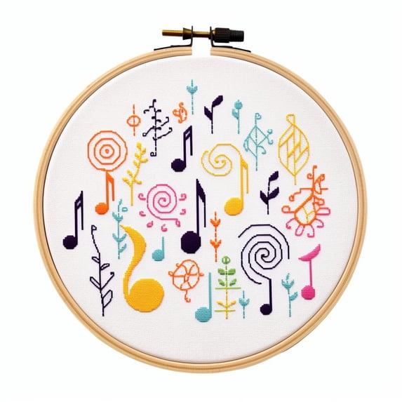 Cartoon Simple Music Notation 11CT Stamped Cross Stitch Kits Easy for Beginners Child with Hoop DIY Needlepoint Counted Embroidery Kits Art Craft Wall Decor 12x12IN(2)