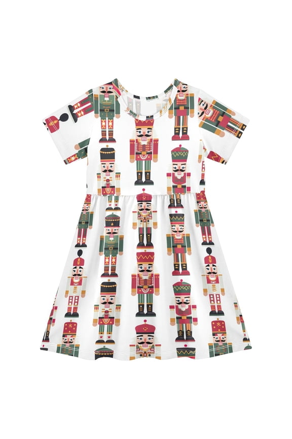 Cartoon Simple Nutcracker Short Sleeve Dress A-Line Cute Midi Casual Sundress 2-8 Years