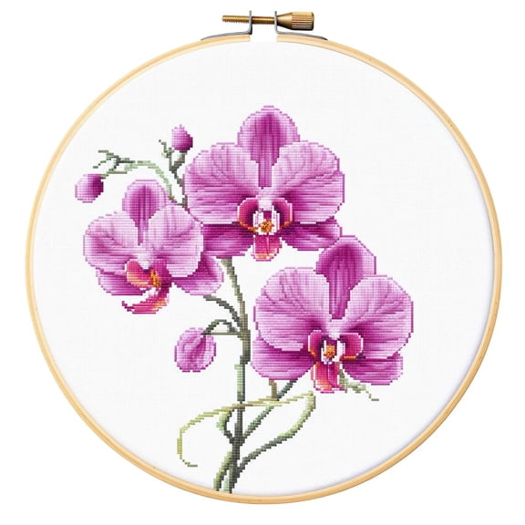 Cartoon Simple Orchid Flower 11CT Stamped Cross Stitch Kits Easy for Beginners Child with Hoop DIY Needlepoint Counted Embroidery Kits Art Craft Wall Decor 12x12IN(3)