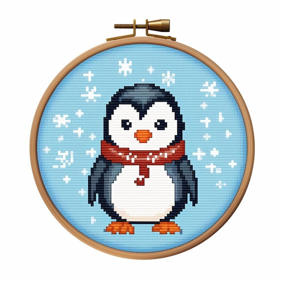 Cartoon Simple Penguin 11CT Stamped Cross Stitch Kits Easy for Beginners Child with Hoop DIY Needlepoint Counted Embroidery Kits Art Craft Wall Decor 12x12IN(3)