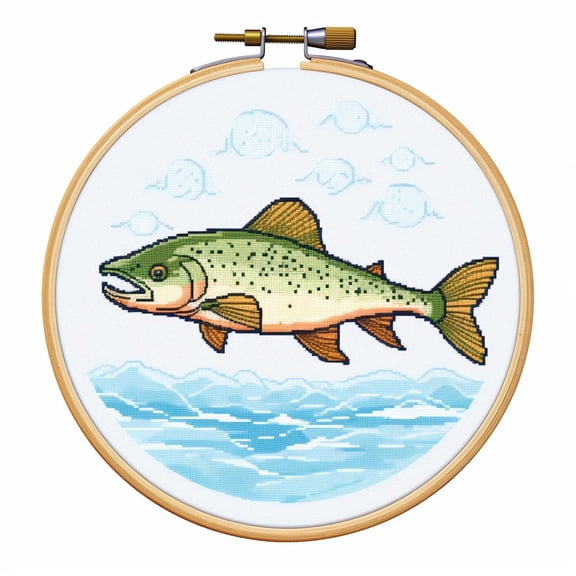 Cartoon Simple Trout Fish DIY Stamped Cross Stitch Kits Easy for Beginners Children with Hoop 11CT Needlepoint Counted Embroidery Kits Art Craft Wall Decoration 12x12inch(2)