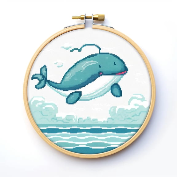Cartoon Simple Whale 11CT Stamped Cross Stitch Kits Easy for Beginners Child with Hoop DIY Needlepoint Counted Embroidery Kits Art Craft Wall Decor 12x12IN(2)