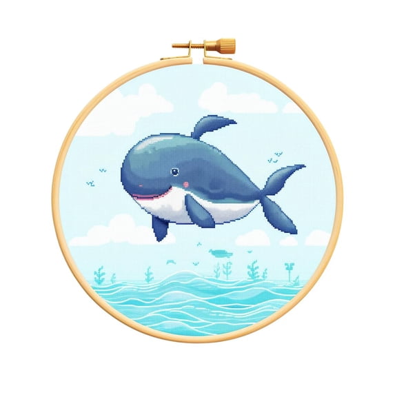 Cartoon Simple Whale 11CT Stamped Cross Stitch Kits Easy for Beginners Child with Hoop DIY Needlepoint Counted Embroidery Kits Art Craft Wall Decor 12x12IN(5)