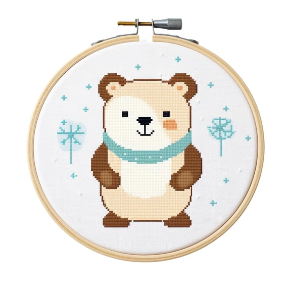 Cartoon Simple White Bear 11CT Stamped Cross Stitch Kits Easy for Beginners Child with Hoop DIY Needlepoint Counted Embroidery Kits Art Craft Wall Decor 12x12IN(1)