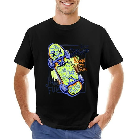 Cartoon Skateboard Keep Speed, Born to Ride, Have A Fun Men’s T-Shirt 100% Cotton Casual Short Sleeve Tops Gift Tee Black XS