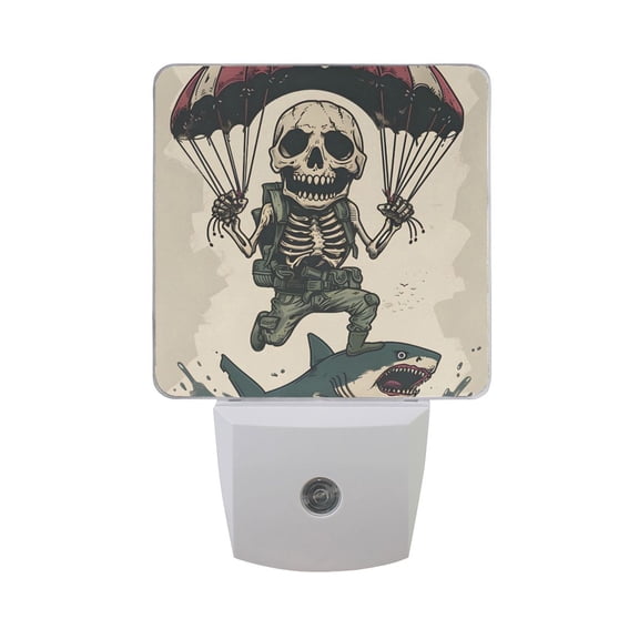 Cartoon Skeleton Paratrooper Stepping on Sharks Night Light 2 Pack LED Nightlight Plug into Wall Dusk to Dawn Sensor Soft White