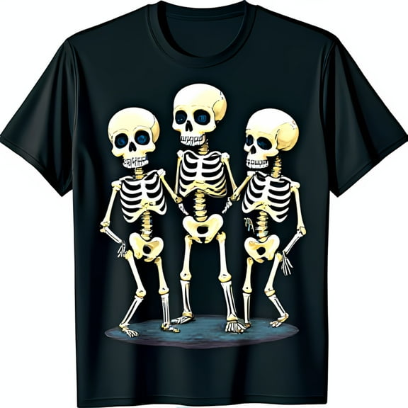 Cartoon Skeletons Graphic Black T-Shirt Happy Skeleton with Blue Eyes for Halloween Fun