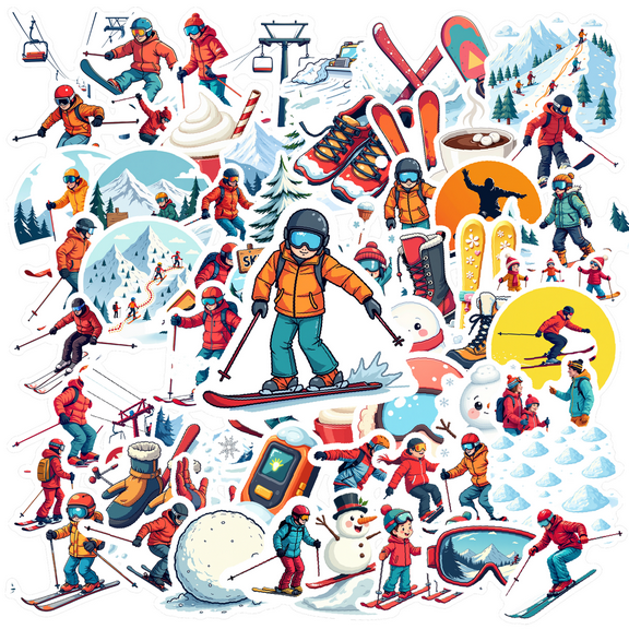 Cartoon Ski Winter Theme Stickers, Waterproof Ski Winter Theme Sticker for Water Bottle Laptop Phone Cases Planner Skateboard Luggage Helmet Party Favor Decor, Ideal for Adults Teens Teacher Rewards