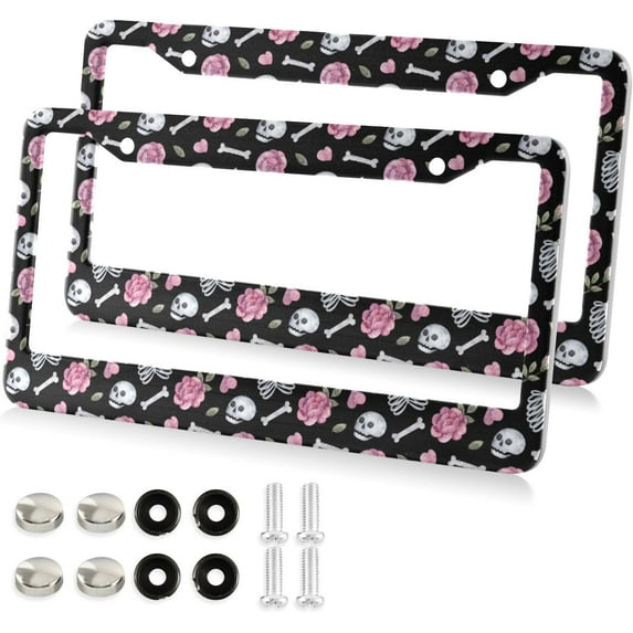 Cartoon Skull License Plate Frame - 2 Pack Universal Stainless Steel License Plate Holder with Screws & Chrome Caps, 2 Holes Car License Plate Cover for US Vehicles Decorative