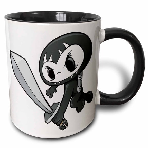 3drose, Cartoon Skull Ninja Monster with Sword, 11oz Two-tone Black Mug